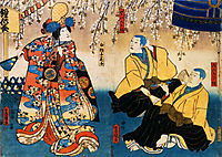 Shūka Bandō I as Shirabyōshi Hanako, Kichisaburō Arashi III as Konkara Bō, and Sanjūrō Seki III as Seitaka Bō (Kyō-ganoko Musume Dōjō-ji), 1852, kunisada