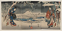 Snowy landscape with a woman brandishing a broom and a man holding an umbrella, kunisada