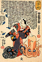 A cat dressed as a woman tapping the head of an octopus, kuniyoshi