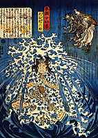 Keyamura Rokusuke under the Hikosan Gongen waterfall, kuniyoshi