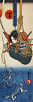 Koga Saburo, suspendeding a basket, watching a dragon, kuniyoshi