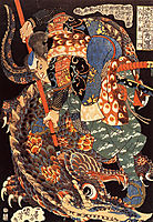 Miyamoto Musashi killing a giant , kuniyoshi