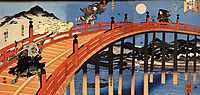 The moonlight fight between Yoshitsune and Benkei on the Gojobashi, kuniyoshi