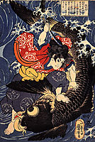 Oniwakamaru about to kill the giant carp, kuniyoshi