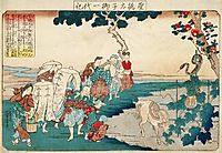 People stopping to admire the gourd that miraculously appeared at the time of the birth of Prince Shôtoku, 1840, kuniyoshi