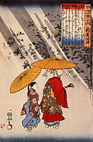 The poet Yacuren and a companion strolling in a grove of trees, kuniyoshi