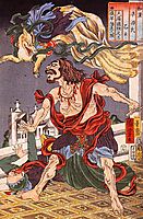 Prince Hanzoku terrorised by a nine, tailed fox, kuniyoshi