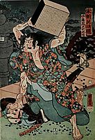 Sato Tadanobu, a samurai of the Twelfth Century, Defending Himself with a Goban, whan Attacked by His Enemies, kuniyoshi