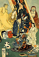 Sculptor Jingoro surrounded by statues, kuniyoshi