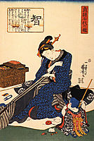 A seated woman sewing a kimono, kuniyoshi