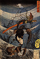 Takagi Toranosuke capturing a kappa underwater in the Tamura river, kuniyoshi