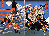Uchiwakamaru fighting Benkei on Gojo bridge, kuniyoshi