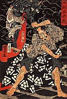 Watanabe Tsuna fighting the demon at the Rashomon, kuniyoshi