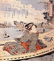 Woman in a boat on the Sumida river, kuniyoshi