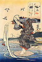 Woman doing her laundry in the river, kuniyoshi