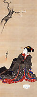 Woman seated under a cherry blossoms, kuniyoshi
