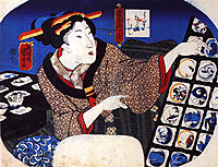 Woman selling decorative bowls, kuniyoshi