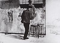 Alexander Murashko at work on a collective picture of the Model statement in the studio of Ilya Repin, 1900, kustodiev