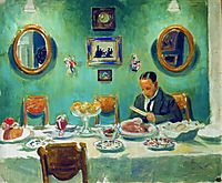 Portrait of M.V. Dobuzhinsky at the table, 1913, kustodiev