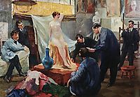 Statement of the model in the studio of Ilya Repin, 1899, kustodiev