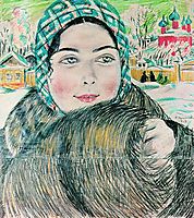 A young merchant-s wife in the a checkered scarf, 1919, kustodiev