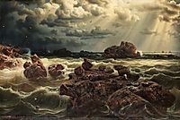 Kustlandskap med fartyg vid horisonten, 1859, larson