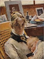 A studio idyll. The artist-s wife with daughter Suzanne, larsson