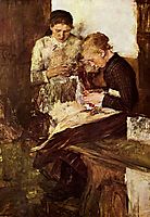 Strickende Mädchen auf der Ofenbank, 1895, leibl