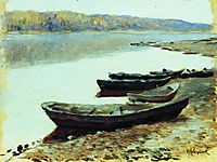 Landscape on Volga. Boats by the Riverbank., 1878, levitan