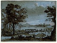 Coast scene with a battle on a bridge, lorrain