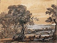 Coast scene with a battle on a bridge, c.1655, lorrain