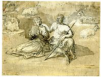 Drawing of a satyr, a girl and goats, lorrain