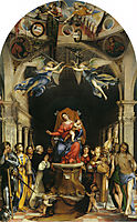 Altar polyptych of San Bartolomeo, Bergamo, main panel: Enthroned Madonna with Angels and Saints - Alexander of Bergamo, Barbara, Roch, Dominic, 1516, lotto
