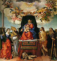 Enthroned Madonna with Angels and Saints, St. Catherine of Alexandria and St. Augustine on the left,  St. Sebastian and St. Anthony the Abbot on the right, 1521, lotto