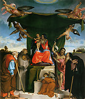 Enthroned Madonna with Angels and Saints, St. Joseph and St. Bernard on the left,  St. John the Baptist and St. Anthony the Abbot on the right, 1521, lotto