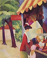 In front of the hat shop (woman with red jacket and child), 1913, macke