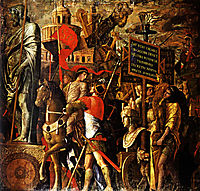 Captured statues and siege equipment, a representation of a captured City and inscriptions (Triumph of Caesar), 1500, mantegna