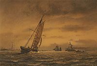 Numerous sailing ships at sea, 1858, melbye
