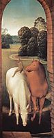 Allegorical representation of two horses and a monkey, 1490, memling