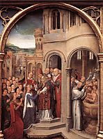 The arrival of St. Ursula and her companions in Rome to meet Pope Cyriacus, from the Reliquary of St. Ursula, memling