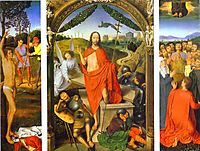 Triptych of the Resurrection: The Resurrection (centre) The Martyrdom of St. Sebastian (left) and The Ascension (right) , 1490, memling