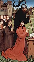 Triptych of Willem Moreel, left wing, the founder Willem Moreel, his sons and St. William of Maleval, 1484, memling