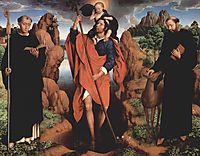 The triptych of Willem Moreel, middle panel Saint Christopher with Saint Maurus of Glanfeuil and Saint Giles, 1484, memling