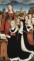 Triptych of Willem Moreel, right wing, the founder Barbara van Vlaenderbergh, wife of Willem Moreel, the daughters and the St. Barbara, 1484, memling
