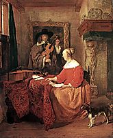 A Woman Seated at a Table and a Man Tuning a Violin, metsu