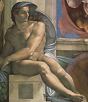 Ceiling of the Sistine Chapel: Ignudi, next to Separation of Land and the Persian Sybil: left, 1508-1512, michelangelo