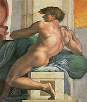 Ceiling of the Sistine Chapel: Ignudi, next to Separation of Land and the Persian Sybil: right, 1508-1512, michelangelo