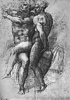 Nude female seated on the knees of a seated male nude: Adam and Eve, michelangelo