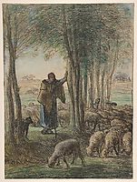 A Shepherdess and Her Flock in the Shade of Trees, c.1855, millet