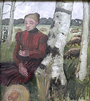 Girls at the birch tree and flock of sheep in the background, 1903, modersohnbecker